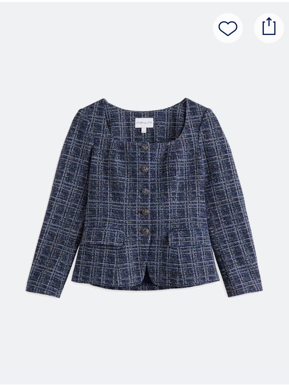 Petite Studio Navy Tweed Square-Neck Button Blazer